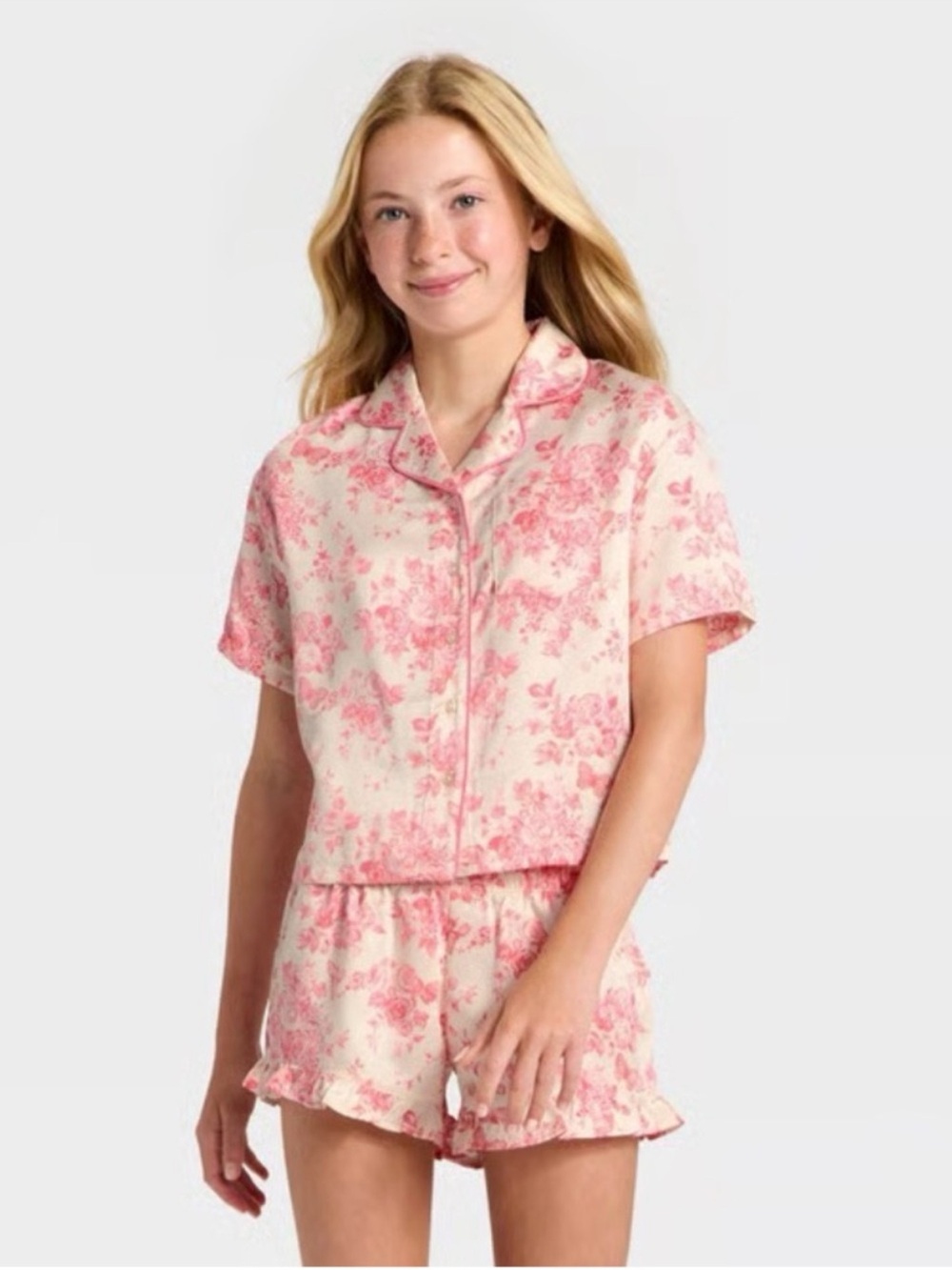 art class Cream and Pink Floral Short Pajama Set